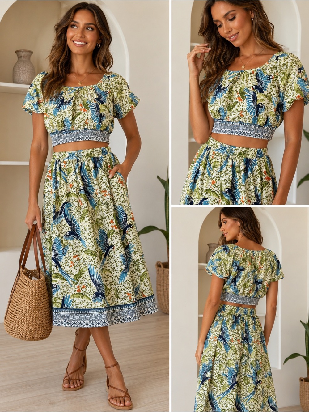 Alex Marie Tropical Parrot Print Crop Top & Midi Skirt Set Size Small